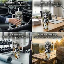 40oz Tumbler With Handle And Straw Lid, Stainless Steel Vacuum Insulated Travel Mug, Fits Car Cup Holder, Hot & Cold Drinks, Cute Cow Sunflower Design, Birthday Gift For Women - White - View 8