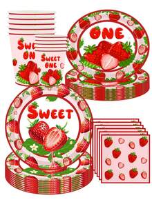 96 piezas "Sweet No.1" Juego de suministros para fiesta con tema de fresa - Platos, vasos y servilletas desechables de papel con estampado de fresa roja | Adecuado para celebración de 1er cumpleaños, fiesta temática dulce para niñas y fiesta con estilo de frutas | Decoraciones impresas "Sweet No.1" aplicables para recuerdos de fiesta infantil, decoraciones de fiesta en el hogar y artículos esenciales para ocasiones especiales - Multicolor - Ver 1