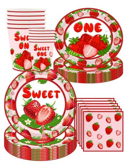 96Pcs Strawberry 'Sweet One' Themed Party Supplies Set - Red Strawberry Pattern Disposable Paper Plates Cups & Napkins | Festive Tableware For 1st Birthday Celebrations, Girls' Sweet Themed Gatherings & Fruit Style Parties | 'Sweet One' Printed Decor For Children's Party Favors, Home Party Decoration & Special Occasion Essentials