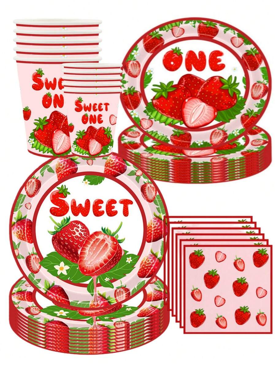 96 piezas "Sweet No.1" Juego de suministros para fiesta con tema de fresa - Platos, vasos y servilletas desechables de papel con estampado de fresa roja | Adecuado para celebración de 1er cumpleaños, fiesta temática dulce para niñas y fiesta con estilo de frutas | Decoraciones impresas "Sweet No.1" aplicables para recuerdos de fiesta infantil, decoraciones de fiesta en el hogar y artículos esenciales para ocasiones especiales - Multicolor - Ver 1