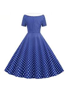Women's 50s Vintage Polka Dot Swing Dress - Double Breasted Notch Lapel Rockabilly Cocktail Midi Dress - Màu xanh lam - Xem 2