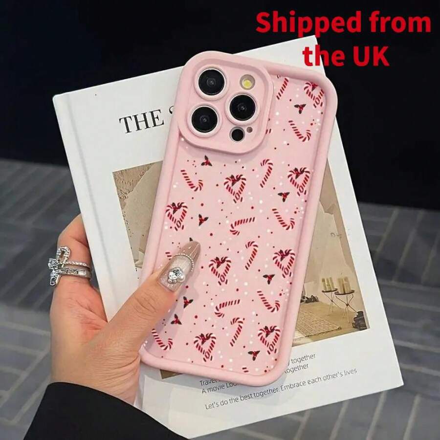 Candy Cane Christmas Pattern Phone Case, Soft Full Coverage, Anti-Slip, Fingerprint Resistant, Fits Apple Models - Pink - View 1