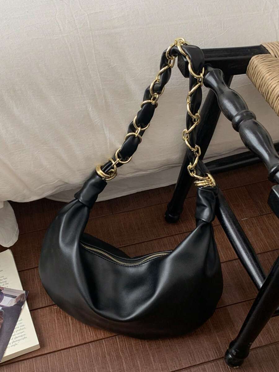 1pc Women's Fashion Black PU Casual Hobo Bag, Minimalist Vintage Chain Shoulder Bag, Large Capacity Zipper Closure Crescent Bag, Suitable For Daily Use, Shopping, Commuting, Gift, Wedding - Black - View 1