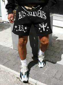 ONE WAVE 男士休闲百搭英文标语华夫格印花短裤，春夏款 - 黑色 - 查看 2