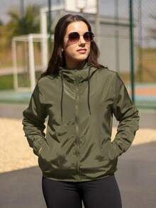 Women's Windbreaker Jacket, Semi-Lined, Water-Resistant, Ultra-Lightweight, Sporty - Army Green - View 2