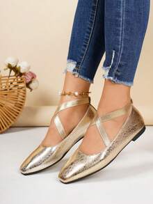 Giày búp bê nữ kiểu retro quai chéo, giày Mary Jane đa năng tiện dụng cho việc đi lại, mùa xuân/thu. - Vàng - Xem 2