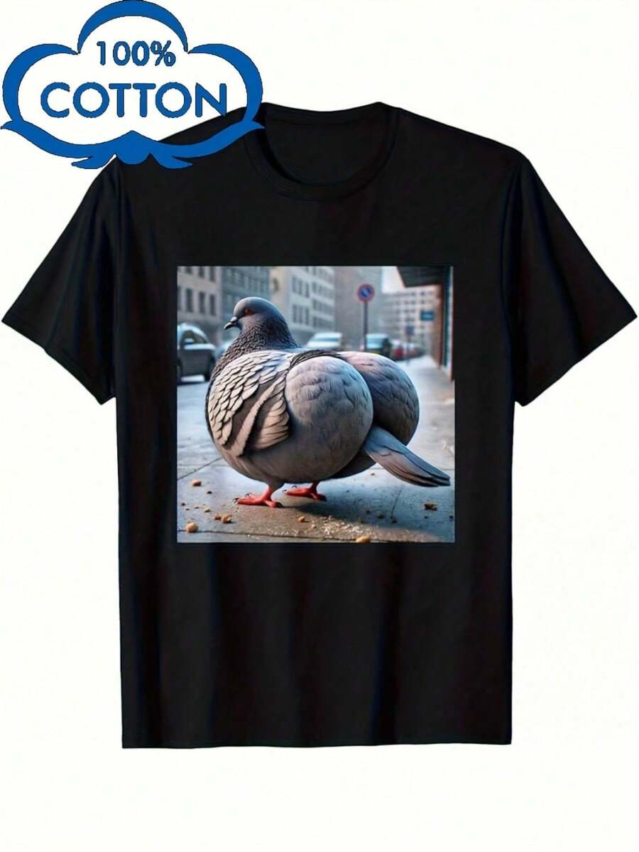1Pc Funny Viral Meme Pigeon T-Shirt - Level 100 Gyatt Gen Z Internet Humor Design, Heavyweight High-Stretch Unisex Crew Neck Tee For Men & Women, Casual Short Sleeve Shirt With Brainrot Pigeon Meme Print - 黑色 - 查看 1