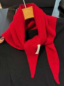 1条100%羊毛女士针织围巾，保暖冬季围巾，亮色纯色设计，厚实披肩，柔软三角羊绒领，2025新款，适合搭配连衣裙 - 紅色 - 查看 3