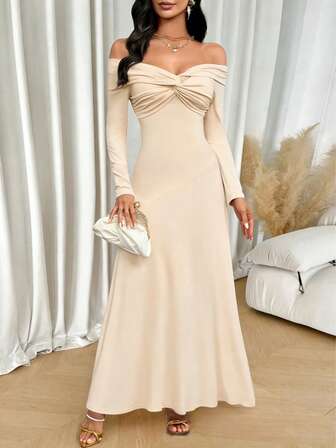 Women's Premium Off-The-Shoulder & One-Shoulder Maxi Dress – Knotted Sleeve Details, Soft Knit Fabric, Elegant Yet Sexy, Ideal For Parties, Weddings & Romantic Dates