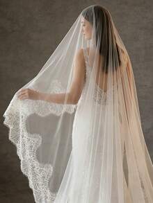1pc Lace Trim Bridal Veil, Suitable For Church Wedding, Wedding Photography Props, No Comb Wedding Accessory - 彩色 - 查看 6