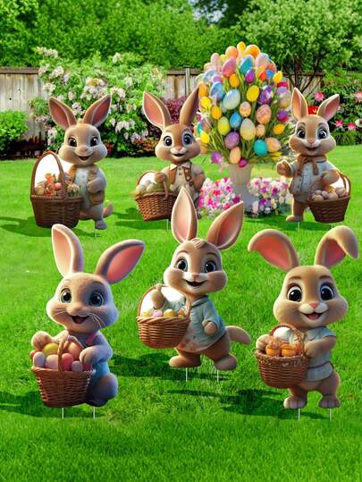 6pcs Outdoor Easter Bunny Decorations, Easter Outdoor Decor, 6pcs Easter Bunny Decorations, Bunny Yard Stakes, Easter Yard Stakes With Bunny Eggs & Carrots, Waterproof Lawn Signs, Outdoor Easter Home Decor Party Supplies Spring Garden Patio Lawn