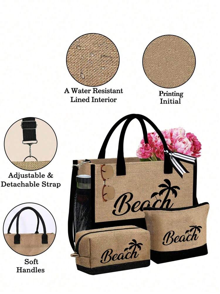 Beach Themed Tote Bag Set With "Beach" Lettering And Palm Tree Graphics. This Fashionable Foldable Beach Bag Is Perfect For Swimming And Beach Trips. It Can Also Be Used As A Women's Shoulder Bag, Grocery Shopping Bag, Or Multipurpose Storage Bag. Chic Commuter Handbag - Multicolor - View 7