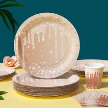 1 Set Brown Diamond Teardrop Disposable Plates, Napkins, Cups, Suitable For 25 Guests, Disposable Paper Plates Party Supplies For Birthday, Wedding, Theme Party, Family Picnic - Multicolor - View 3