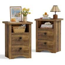 Farmhouse Nightstands With 2 Storage Drawers And Open Shelf  Set Of 2 - Dark Rustic Oak - 查看 2