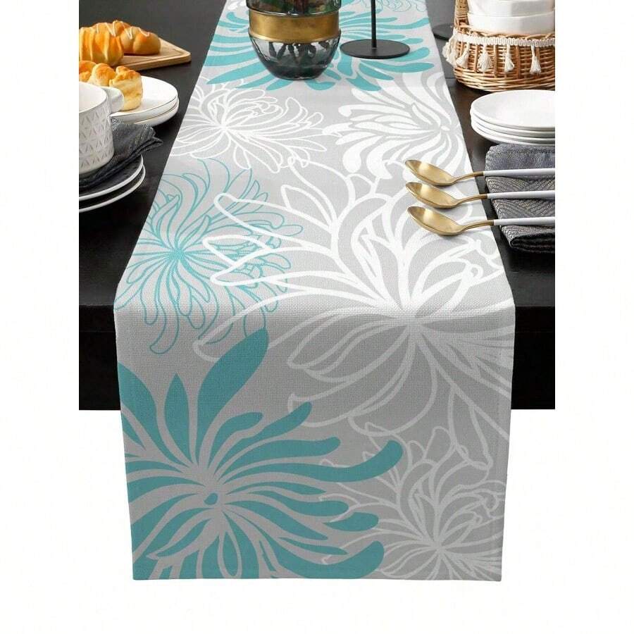 Orange Chrysanthemum Flowers Linen Table Runners Dresser Scarves Table Decor Teal Green Table Runners Holiday Party Wedding Decorations - 如圖所示 - 查看 1