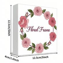 White Decorative Wooden Box With Circular Pink Rose Wreath & 'Floral Frame' Cursive Text - Elegant Soft Pink & Green Floral Theme Storage/Decor Block, Subtle 3D Shadow Design - White - View 5