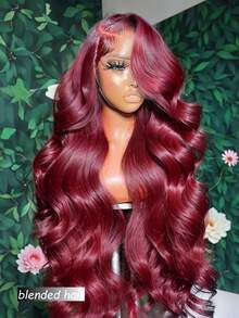 10-36英寸 13X4 高清蕾丝前假发，自然波浪卷，无胶真人发混纺，180%巴西真人发混纺，自然13X4全蕾丝边缘，预拔毛蕾丝假发，带婴儿发，耳到耳瑞士高清蕾丝，打造自然外观，99J 酒红色 - S99J/BUG - 查看 2