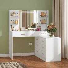 Dressing Table With LED Light Mirror & Socket For Valentine's Day Gift, 8 Drawers, 6 Shelves, 3 Color Modes & Adjustable Brightness Dressing Table, Corner Vanity, L-Shape Change, White