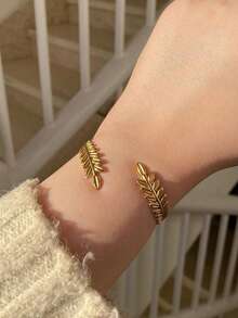 1pc Women's Bracelet, Summer Beach Wear Non-Fading 18K Gold Plated Stainless Steel Wheat Ear Open Cuff Bracelet, Daily Accessory Gift - Yellow Gold - View 7