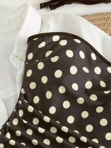 Women's Polka Dot Print Spaghetti Strap One-Piece Swimsuit, Beach Vacation Summer - Brown - View 6