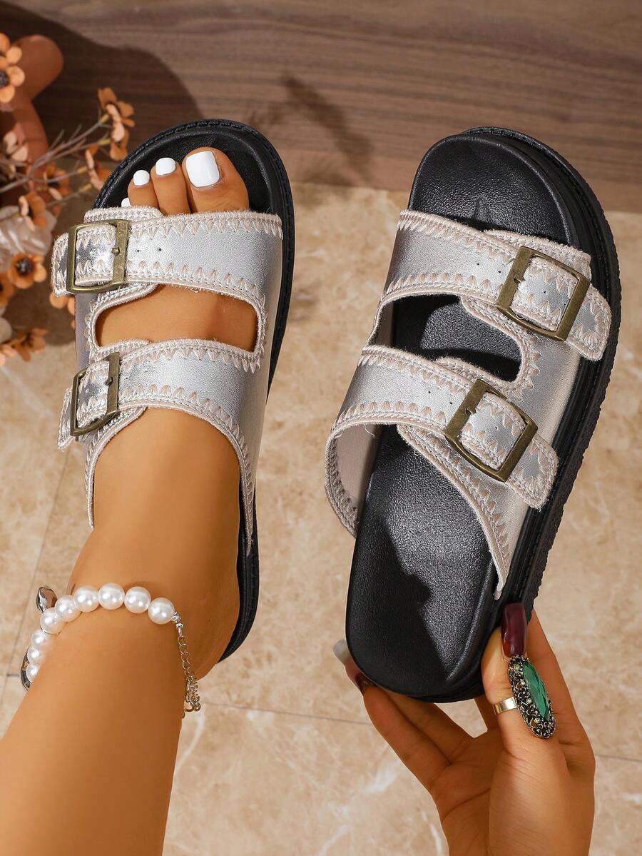 Latest Fashion Solid Color Thick Sole Sandals For Women, Suitable For Beach, Outing, Dating, Vacation, Party, Spring/Summer - Silver - View 1