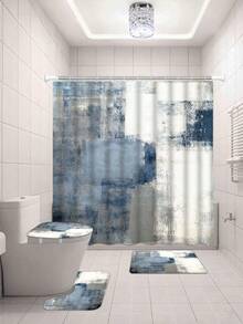 1/4 Piece Blue & White Bathroom Set, Including Shower Curtain, And 3 Non-Slip Rubber Backing Mats, Bathroom Accessories And Decor - Multicolor - View 19