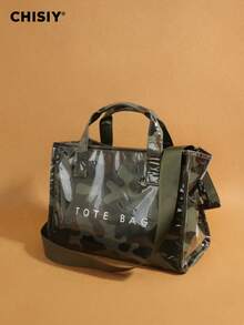 Large Capacity Transparent Camouflage Jelly Bag PVC Waterproof Handbag Shopping Bag Korean Version New Neutral Style Large Bag INS Internet Celebrity Matching Single Item Bag Retro Casual Street Niche Tote Bag Japanese Lazy Style Junior High School Student Class Tote Bag Fitness Yoga Travel Bag Mommy Bag Letter Simple Star Style Pleated Texture Advanced Texture Composite Paper Tote Bag - ngụy trang màu xanh lá cây - Xem 3