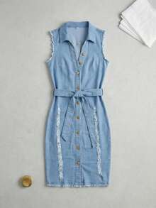 Women's Button Up Sleeveless Denim Dress - Snatched Tie Waist Mini Dress - Soho Aesthetic Streetwear Summer Essentials - 淺色水洗藍 - 查看 4