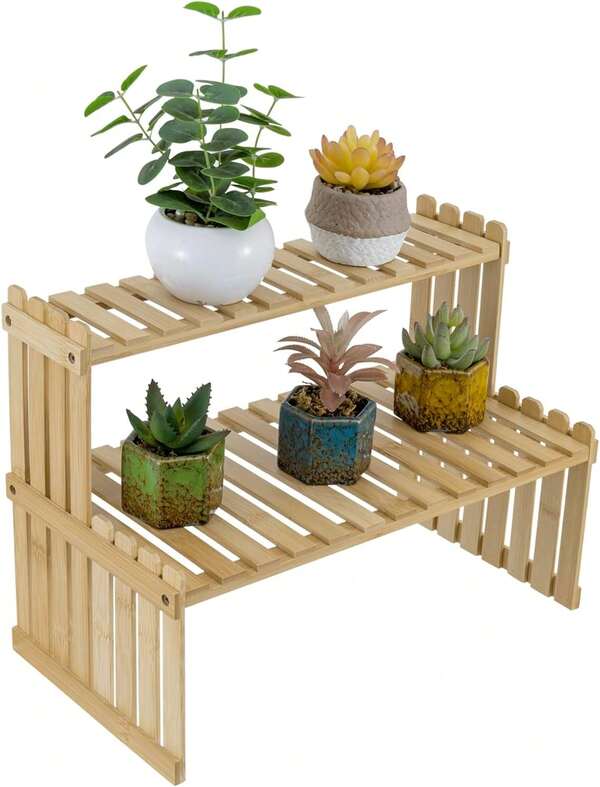 Natural Bamboo Indoor Plant Stand For Desk, 2 Tier Desktop Shelf Organizer Rack With 2 Slatted Shelves