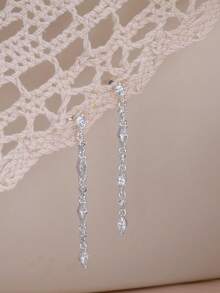 14K镀金长款立方氧化锆水滴形吊坠耳环，优雅新娘婚礼耳环，伴娘水滴形耳环，正式场合首饰 - 銀色 - 查看 6