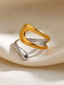 1pc 18K Gold Plated Stainless Steel Adjustable Dual-Tone Ring, Suitable For Daily Outfit, Bohemian Style, Gifts, Valentine's Day - Multicolor - View 7