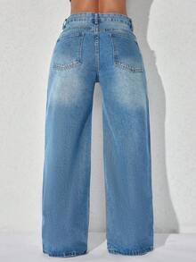 Pearl Decor 低腰阔腿休闲蓝色牛仔裤，斜插口袋，女士春季款 - 寶藍色 - 查看 2