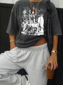 女士复古水洗时尚T恤，印有“我爱纽约”图案，复古休闲街头风，适合度假穿着 - 黑色 - 查看 1