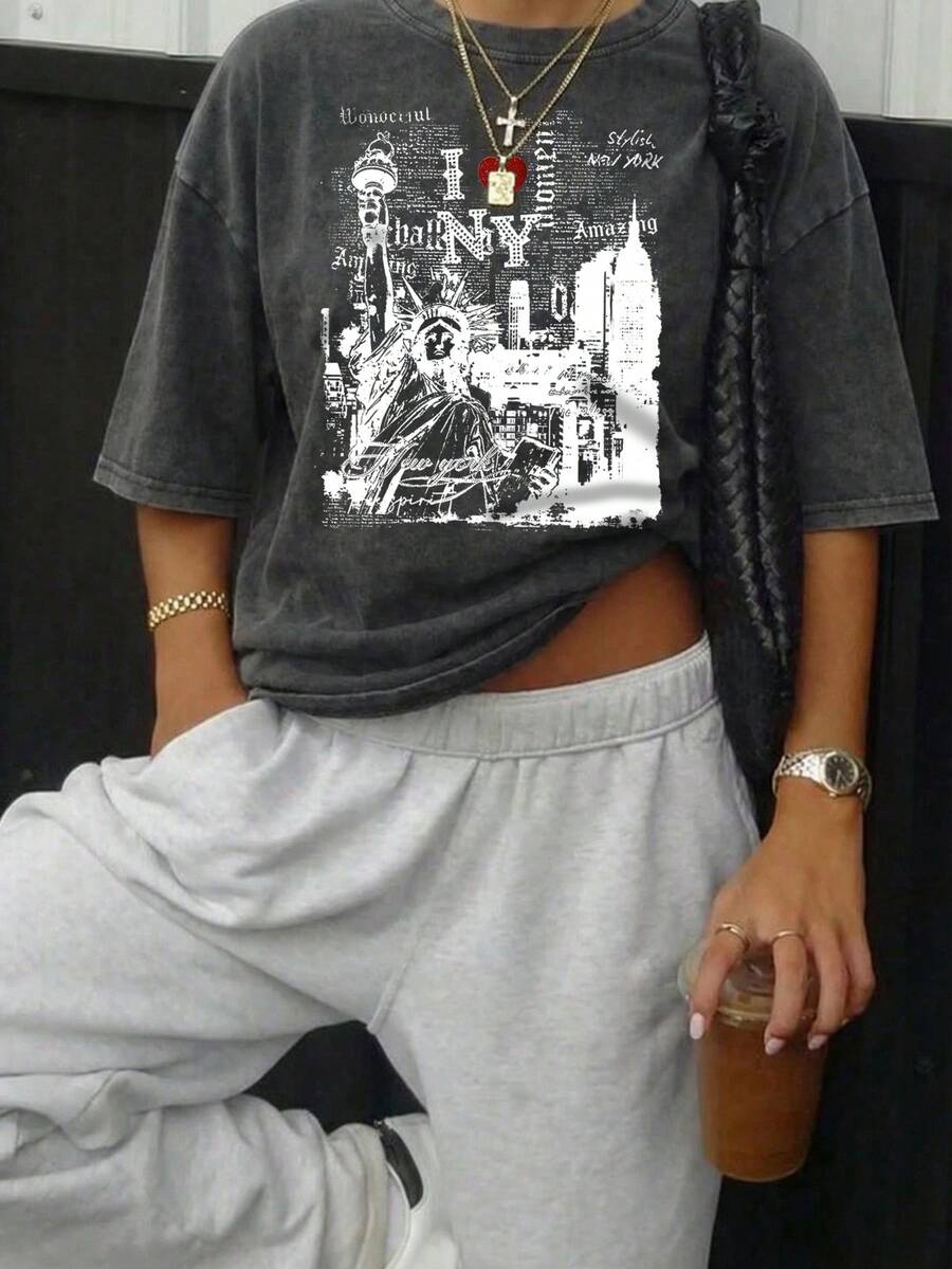 女士复古水洗时尚T恤，印有“我爱纽约”图案，复古休闲街头风，适合度假穿着 - 黑色 - 查看 1
