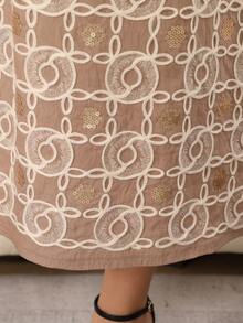 2026 New Style Elegant Embroidered Gold Beaded Arabic Dress, Ramadan Traditional Jalabia Dress With Round Neck & Mid-Sleeves - Beige - View 5