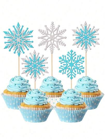 1-12 piezas Decoraciones para cupcakes con copos de nieve brillantes, Palillos con tema de copos de nieve de invierno para cupcakes, Decoraciones para pasteles de Navidad con tema de mundo invernal, Adecuado para fiestas de cumpleaños con tema de copos de nieve, Suministros para fiestas navideñas, Palillos para cupcakes con tema de copos de nieve navideños, Decoraciones para pasteles de cumpleaños y Navidad, Azul y plateado