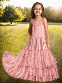 青少年女孩细肩带花童婚纱，带蕾丝镂空后背和全喇叭裙 - 粉色 - 查看 8