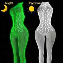 1 Piece Of Glow-In-The-Dark Fishnet Bodysuit, Open-Crotch Sheer Mesh Bodysuit With Light-Up Mesh, Women's Sexy Lingerie, Women's Erotic Bodysuit, Women's Glow-In-The-Dark Party Lingerie, Role-Play Costumes, Exotic-Style Apparel, Erotic Bodysuits, Bodysuits, Women's Sexy Bodysuits, Valentine's Day Lingerie - trắng - Xem 12