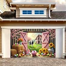 2D平面复活节农场场景涤纶横幅,单件装 - 鲜艳的粉色谷仓和向日葵,点缀着兔子、小鸡和复活节彩蛋 - 春夏秋三季室内外背景,适用于复活节派对装饰、乡村风格家居花园装饰 - 涤纶面料,色调柔和,充满乡村魅力,高品质印刷,耐候材料,节日庭院装饰,季节性装饰品 - 1件 - 查看 5