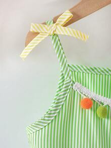 可爱条纹森系女童连衣裙，撞色条纹3D蝴蝶结装饰，彩色绒球流苏点缀，宽松伞裙款式，适合夏季派对、生日、演出、家庭出游、海滩度假、日常穿着。 - 彩色 - 查看 6