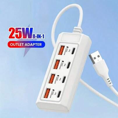 [8-Port Fast Charging USB Hub] With 4 USB And 4 PD Ports | 25W Fast Charging For 5V USB Devices | Compact Charging Station For Computers, Laptops And Tablets, 8-In-1 Expansion Cable 1 To 8 Ports 4 USB 4 Type-C Multi-Port Charging Distributor With Multi-Plug Sockets