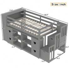 Low Loft Bed For Teens & Adults, Twin Size With Storage Staircase, Shelves, And Built-In Headboard, Space-Saving Design In Modern Gray Finish,Mattress Not Included - Xám + Đôi - Xem 11