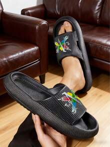 Summer New Arrival Fashion Versatile Solid Color Vertical Stripe Single Hole Thick Soft Comfortable EVA Non-Slip Anti-Odor Antibacterial Protective Household Bathroom Outdoor Wear Men Slippers [For Wide Feet, It Is Recommended To Purchase Plus Size For Better Fit] - Black - View 4