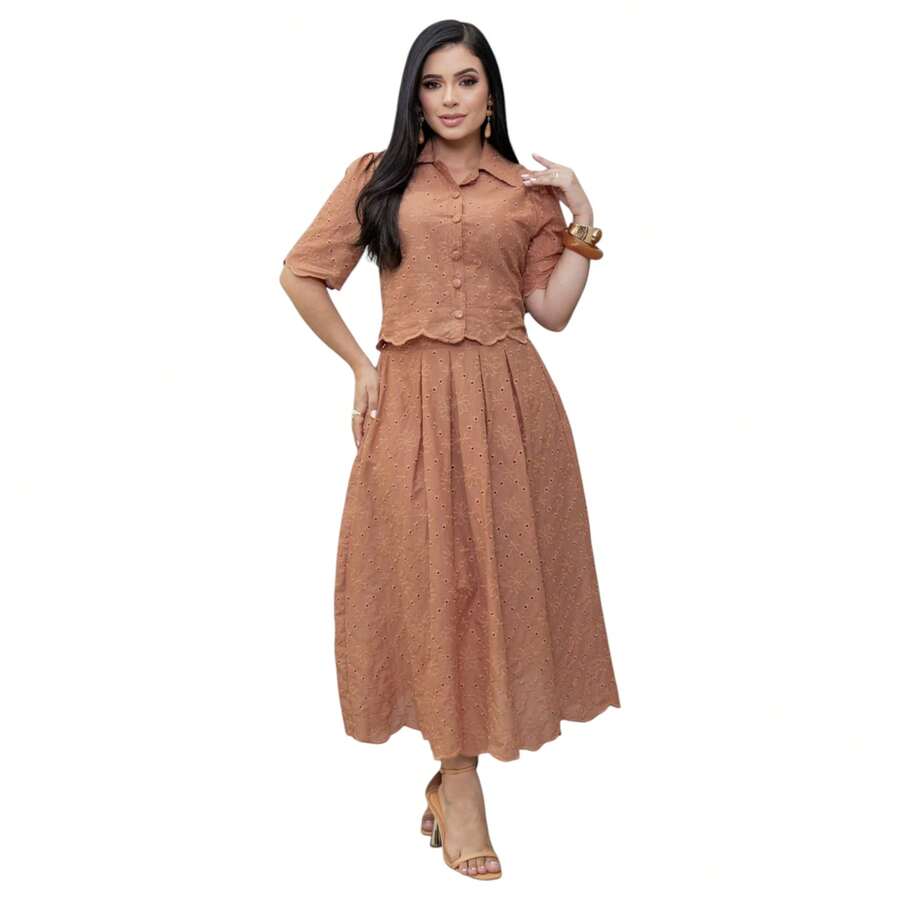 Evangelical Fashion Set: Button-Down Blouse And Midi Skirt, 100% Cotton - 榛子 - 查看 1