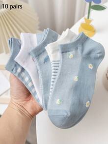 5 pares de calcetines de mujer casuales, de malla, multicolor, con estampado de fresa, transpirables y que absorben la humedad - Multicolor - Ver 10