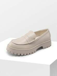 Women Platform Loafers 1.57-Inch Chunky Mid-Heel Flatform Loafer Round Toe Versatile Classic Casual Slip On Shoes, 2026 New Spring Summer Shoes - 米色 - 查看 11