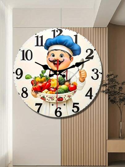 Relógio de parede de madeira de 25 a 30 cm - Design de chef e vegetais em desenho animado, ilustração 2D de alta definição em madeira, chef azul em fundo branco, ideal para decoração de casa ou restaurante, decoração de parede de cozinha | Tema de chef em desenho animado | Relógio de parede de madeira