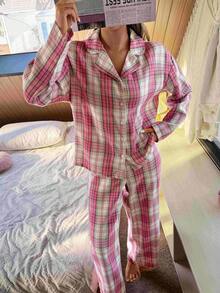 Nina Bonheur 2pcs Women Loose Comfortable Breathable Long Sleeve Pajama Set - Hot Pink - View 4