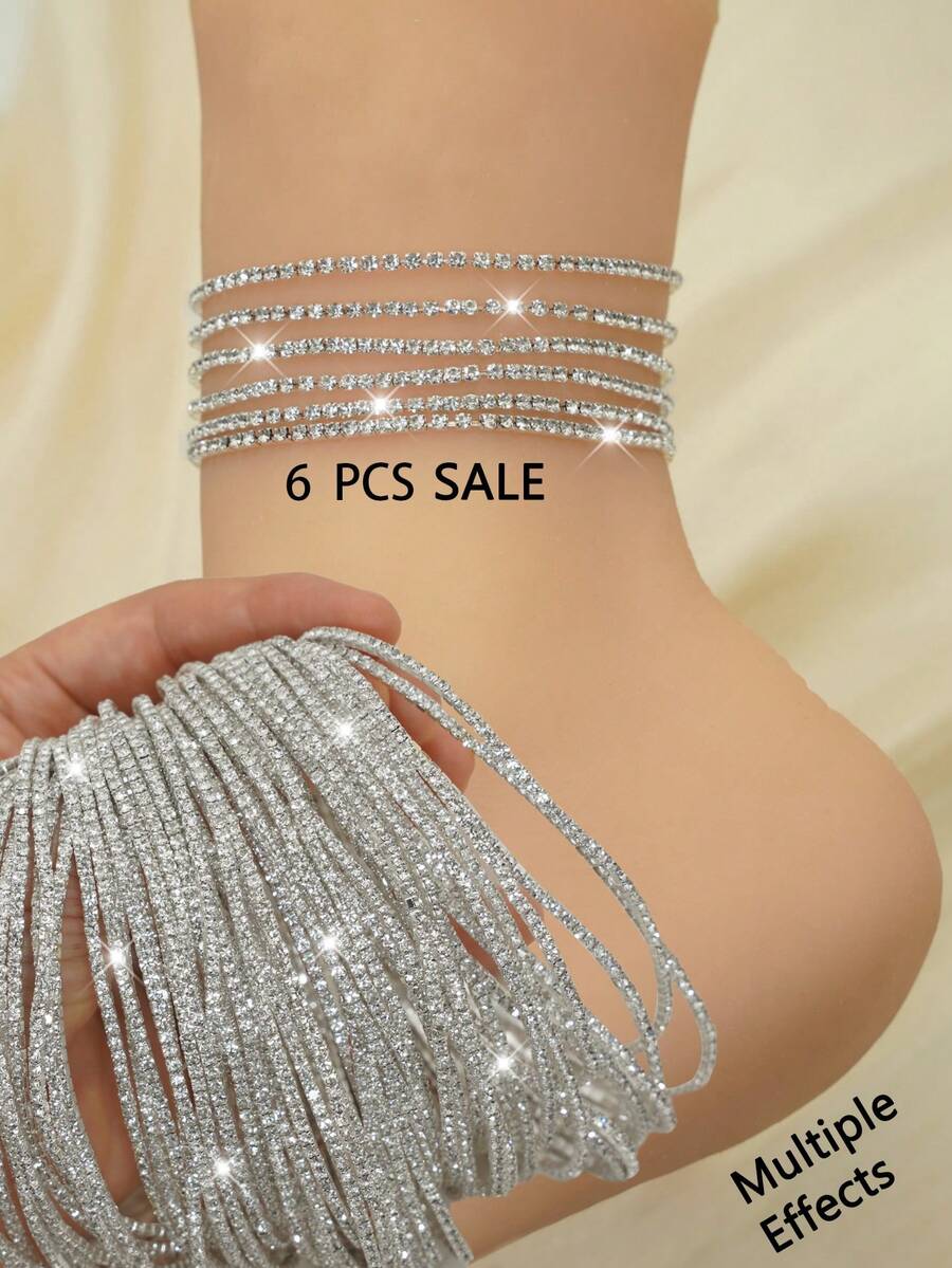 6pcs Rhinestone Anklets, Delicate Elastic Stackable Anklets With Sparkling White Diamonds, Fashionable For Party And Gathering - S-white*6pcs - View 1