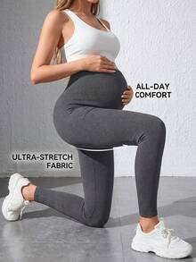 Maternity Solid Color High Waist Ribbed Skinny Casual Pants Spring - Dark Grey - View 2